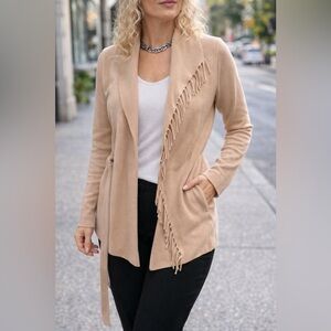 Nicole Miller NY Fringe Wrap Cardigan with Belt – Tan/Beige – Size M